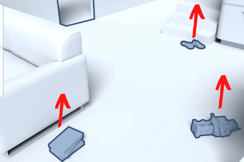 На полу лежат различные предметы, а стрелки показывают, что их нужно убрать перед уборкой